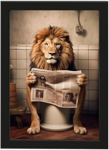 Deqosy Löwe auf WC, Poster DIN A4 mit Rahmen, Toilette Badezimmer Deko Bild, Wand-Deko Bilder Lustiges Geschenk