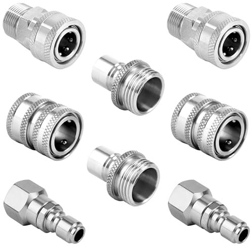 Raincovo Hochdruckreiniger-Schnellanschluss-Set, Drehgelenk M22, 14 mm auf 3/8 Zoll, Schnellanschluss, 1,9 cm auf Schnellspanner, Edelstahl-Adapter-Set für Hochdruckreiniger, 8 Stück