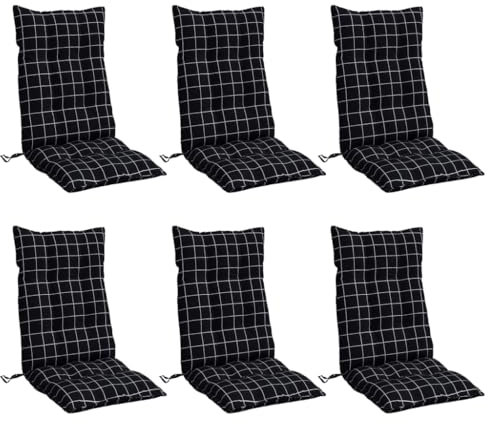 vidaXL Hochlehner Auflagen 6 STK., Gartenstuhlauflagen mit Bänder, Sitzauflagen Polster für Gartenmöbel, Polsterauflagen für Gartenstuhl, Schwarz Karomuster Oxford-Gewebe