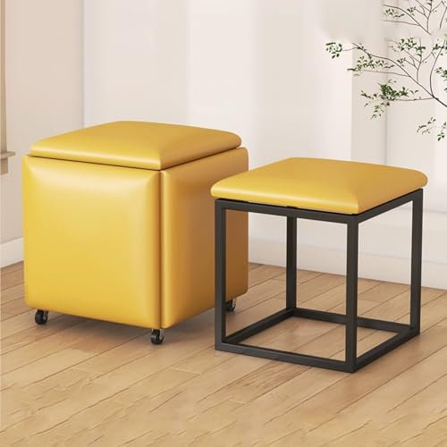 LEIYTFE Leder Würfel Hocker 5 In 1 Sitz-Schuh-Hocker Mit Rollen,Stapelbarer Fußhocker Sofa Fußstütze Für Wohnzimmer Schlafzimmer,Bewegliche Dressing Stuhl Ottoman (Color : Yellow, Size : 35cm)