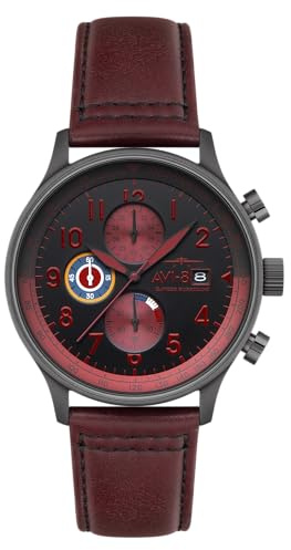 AVI-8 da uomo 42 mm Hawker Hurricane Classico Cronografo Pilota Giapponese Orologio al Quarzo con Cinturino in Pelle AV-4011, Rosso Sangue., Cinghia
