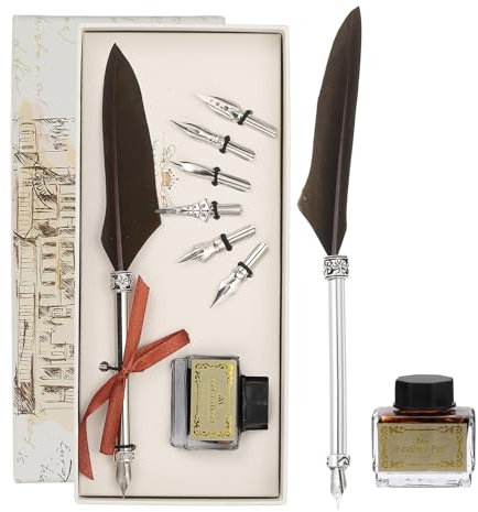 PATIKIL 21,5cm/8,5 Geschnitztes Federstift-Set, Vintage Gänsefederstift mit Tintenset 6 Ersatzfedern für Kalligrafie Schreibfeder Hochzeitsgeschenke, Braun