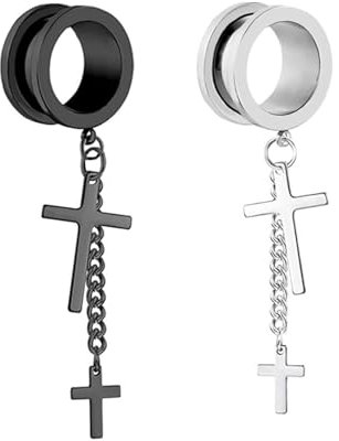 Epinki Piercing Schmuck, 2er Tunnel Set, Edelstahl 6mm Tunnel Dehnstab Silber Schwarz Ohrringe Rund mit Kette Kreuz Anhänger