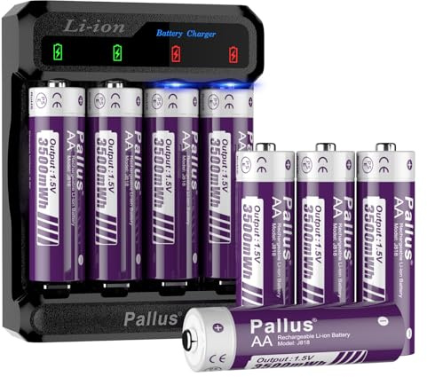 Lot de 8 piles au lithium AA rechargeables avec chargeur de batterie, grande capacité de 3500 mWh, chargeur intelligent vocal, sortie constante de 1,5 V, charge rapide de 2 heures, charge rapide de