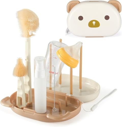 6 in 1 Baby Bottle Brush Set with Silicone Brush, Nipple, Straw, Soap Dispenser, Drying Rack and Storage Box - Portable Cleaner Kit for Travel and Home, White