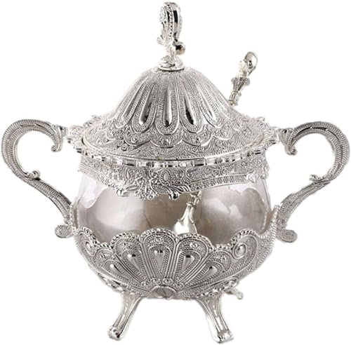 BOWINGBO Tarro de cerámica para caramelos, azucarero con tapa, soporte para cuchara, azucarero de cerámica, azucarero con tapa y cuchara, tarro de especias de vidrio de alivio de metal, soporte para