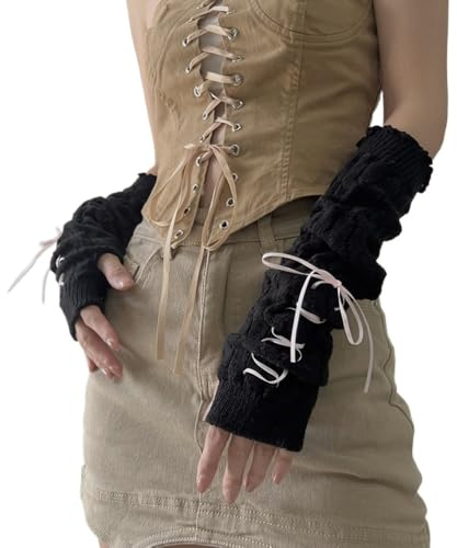 POHADON Women Cute Knitted Arm Warmers Lace Up Bow Fingerless Gloves Harajuku Fashion Arm Sleeve Lolita Y2k Accessories (One Size,Black-pink bow)