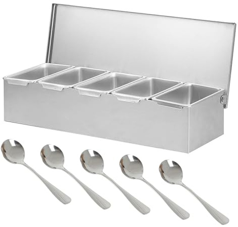 Kuabiz Stainless Steel Condiment Containers with Lid,Seasoning Spice Box,Detachable Ingredients Trays Containers,Compartment Reusable Serving Container&Salad Pizza Topping Station