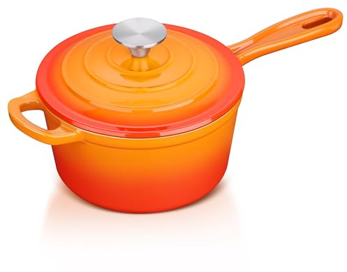 Leonyo Stielkasserolle aus emailliertem Gusseisen mit Deckel, Stielkasserolle mit Deckel, kleiner Gusseisen-Dutch Oven Küche Kochgeschirr Topf für alle Herdarten zur Herstellung von Nudeln, Suppe