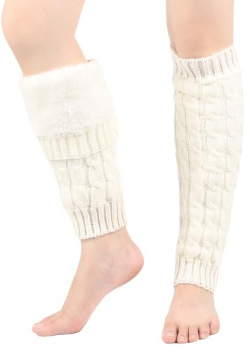 LCDIUDIU 5 Paar Damen Beinstulpen Mit Fleece Futter Und Dickem Zopfmuster, Beige, Flexible Beinwärmer, Weiche Wadensocken, Warme Wintersocken Aus Gedrehtem Strick, Lange Stiefelstrumpf Beinstulpen,