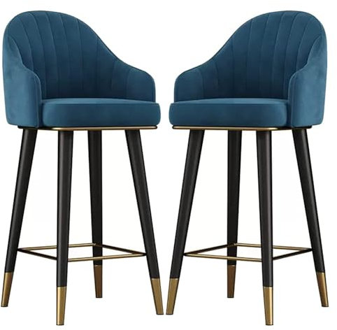 Barstuhl aus Samt, drehbar, mit gebogener Rückenlehne, Fußstütze und rutschfesten Fußpolstern für Zuhause, Kneipe, Küche, Esszimmer, Blau, 2 Stück (Größe: 75 cm)