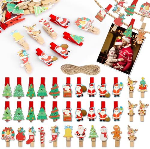 35 Stück Weihnachten Holzklammern Klein Fotoklammern, Mini Wäscheklammern Fotoclips mit Süßen Christmas Figuren, Clip Deko für Postkarten Geschenkanhänger Adventskalender, Fotowänden, Papiertüten