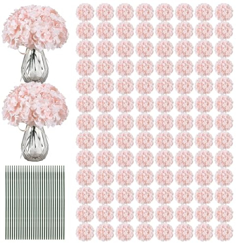 Auihiay 204PCS Hydrangea Artificial Flowers, Silk Artificial Hydrangea Flowers Heads with Stems, Hydrangea Artificial Flowers Bulk for Home Decor Wedding Table Centerpieces (Pink)