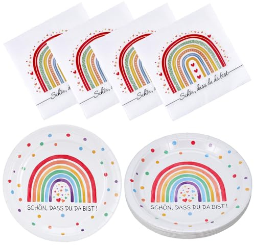Huiguli 60 Stück Regenbogen Partygeschirr Geburtstag, Kindergeburtstag Deko Einschließlich Regenbogen Pappteller Servietten Löffel, Regenbogen Geburtstag Geschirr für 20 Gäste