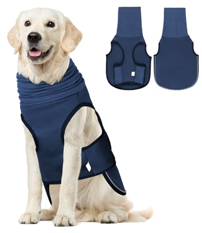 Weste zur Linderung von Angstzuständen für Hunde, mit Ohrenschützern, beruhigende Hunde-Angstjacke mit reflektierenden Streifen, Beruhigungsmantel, Rollkragen für Lärm und Stressabbau (Marineblau