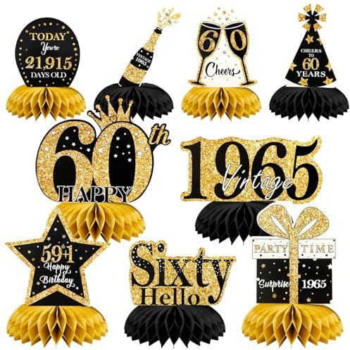 9 Piezas Cumpleaños Mesa Panal Centros,Decoración Cumpleaños,Decoración Mesa ,Adornos Negros y Dorados,de Fiesta para Hombres y Mujeres (60-HB)