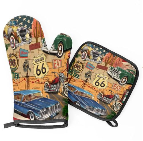 Vintage Car Theme Oven Mitts Heat Resistant Oven Mitts and Pot Holder Insulated Non Slip Oven Glove 2 Piece for Cooking Baking Grill