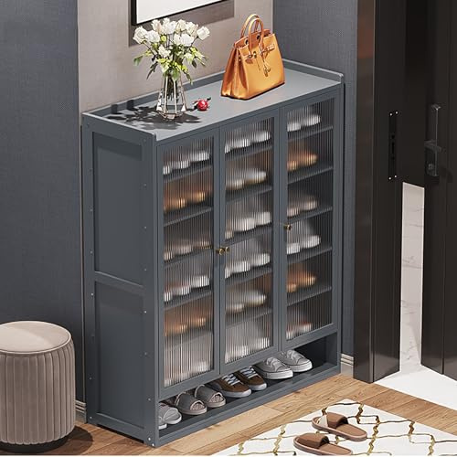 DONGGANSHI Meuble à Chaussures en Bambou Gris avec Portes et caillebotis pour couloirs et entrées, Support à Chaussures en Bois pour Bureau, 90 cm (90 × 32 × 107 cm)