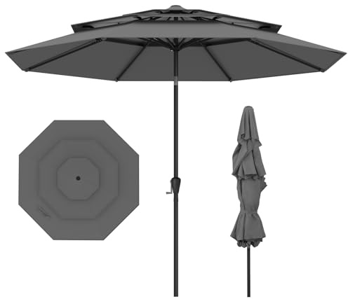 COSTWAY Ombrellone Giardino 300 cm, Ombrellone 3 Livelli con Ventilazione, Inclinazione Regolabile, Manovella, 8 Costole, per Giardino Spiaggia Piscina (Grigio)