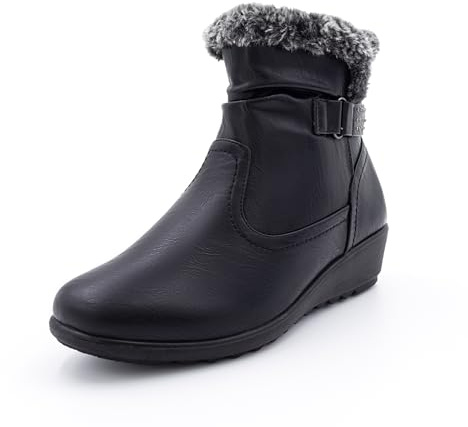 Cushion Walk Women's EEE Extra-Wide Fit Faux Leather Ankle Boots - Ruched Design with Faux Fur Trim & Stud Details, Inside Zip, 3.5cm Wedge Heel