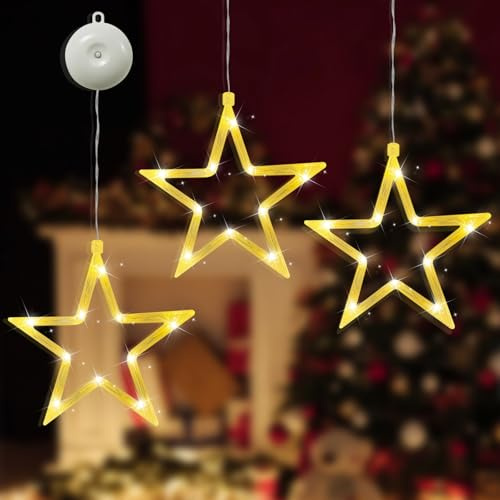 Weihnachts Fensterlichter zum Aufhängen Sterne, warmweiß, batteriebetrieben, LED Weihnachtsdeko Innen mit Timer, für Fenster, Tür, Innenwände, Balkon, Dekoration Party, Hochzeit， Weihnachten