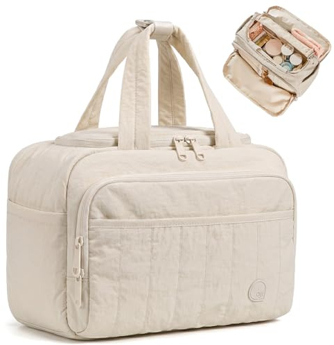 Reise Kosmetiktasche Damen, Weit Offene Kulturtasche, Make Up Tasche Große, Schminktasche Reise Leichte mit Gepäckwagengurt, Travel Makeup Bag mit Vielen Fächern für Toilettenartikel, Kosmetik (Beige)