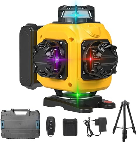 Livello laser autolivellante 4 x 360°, livello laser 4D 16 linee, laser canzone con base girevole a 360° e finestra, 4 colori, visualizzazione della potenza, telecomando, treppiede e 1 batteria