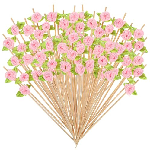 LIQWEI 100 Stück Blumen Cocktailspieße, 12cm Spieße Fingerfood Cocktail Sticks Holz Bambus Zahnstocher Niedlicher Bunt Cocktail Deko für Bars Restaurants Kuchen Getränke