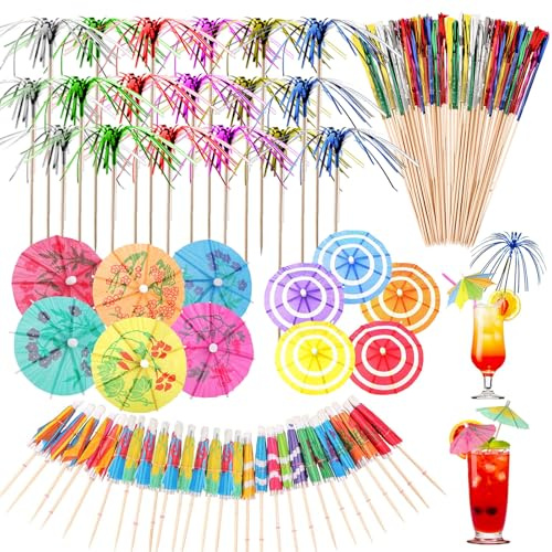 140 Stück Cocktail Deko Cocktail Schirmchen Cocktail Feuerwerk Sticks | Bunt Dekorativ Festlich Cocktail Zubehör mit 40 Cocktail Schirmchen 100 Sticks für Strand, Bars, Sommerpartys und Geburtstage