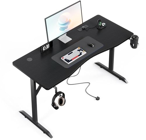 Flrrtenv 140x60cm Home Office Desk, Height Adjustable Standing Desk with Power Outlets & Cable Hole, Gaming Desk with Monitor Shelf & Cup Holder, Carbon Fiber Desktop, Gift Desk for Men and Boys