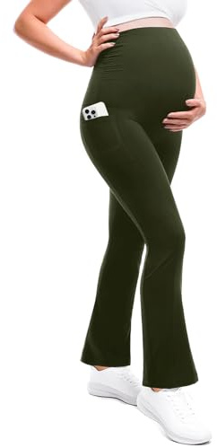 Leafigure Maternity Flare Leggings with Pockets ArmyGreen XL 29 | Pregnancy Pants, Buttery Soft, High Waisted, Over The Belly, Highly Stretchy, Fall Fashion Clothes, Yoga, for Casual Wear