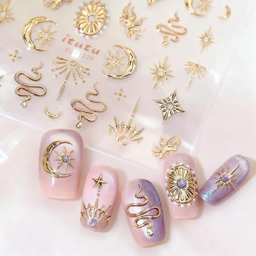 Goldene Autocollants pour ongles, design étoile-lune, serpent, autocollants pour ongles auto-adhésifs, motifs en relief 5D, manucure bronzée décoration DIY pour femmes
