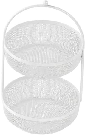 Ioensy Frutero Compacto de Dos Niveles con Alambre de Metal, Elegante Y Práctico, Ideal para Aperitivos, Verduras, Cebollas Y Estilo Rústico, Blanco, tal como se describe