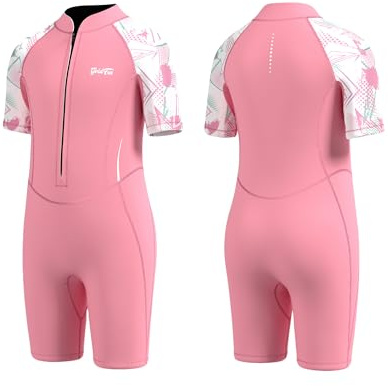 GoldFin Kids Shorty Wetsuit, Toddler Wetsuits Girls 2mm Neoprene Front Zip Wet Suit Keep Warm in Cold Water Swimming Surfing Snorkeling Kayaking, Pink Size 12