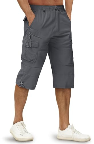 TACVASEN Men's 100% Cotton Casual Military Elastic Capri Cargo Shorts with Multi Pockets, Grey, 36 (3XL)