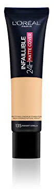 L'Oréal Paris Make up, Wasserfest und langanhaltend, Mattierende, flüssige Foundation mit hoher Deckkraft, Formel mit 4% Niacinamiden, Infaillible 32H Matte Cover, Nr. 135 Warm, 1 x 30 ml