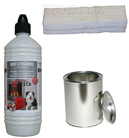 Moritz Starter Set 1 x 1000 ml Bio Ethanol + 1x Blechdose 250 ml mit Deckel + 1x Watte/Keramikwolle für Brenner Kamin Ofen Sicherheitsbrenner Brennpaste