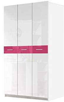 Drehtürenschrank Epexi EX06, Kleiderschrank, Garderobenschrank, Elegantes Schrank für Jugendzimmer, Kinderzimmer oder Schlafzimmer (Weiß/Weiß Hochglanz + Rosa Hochglanz)