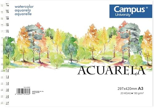 Campus University - Skizzenblock A3 Aquarellpapier mit Spirale, 20 Blatt, 190 g, blanko, für Aquarell, Wasserfarben, Temperafarben (A3)