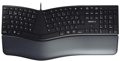 CHERRY KC 4500 ERGO, clavier ergonomique, Disposition belge (AZERTY), filaire, repose-poignet rembourré avec mousse à mémoire de forme, clavier incurvé, Noir