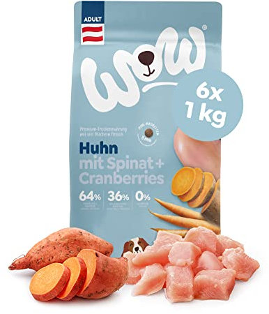 WOW Trockenfutter Adult mit Huhn, 6X 1kg Mini Kroketten I Hundetrockenfutter für ausge-wachsene Hunde Aller Rassen I Beste Qualität mit viel Fleisch & Spinat I getreidefrei & hohe Verträglichkeit