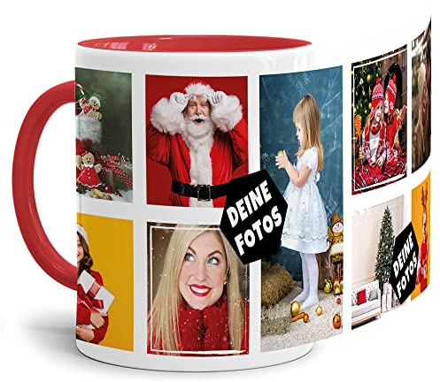 Foto-Tasse zum selbst gestalten mit Foto-Collage für 9 Wunschfotos - Geschenk für Familie, Freunde, Geburtstag, Weihnachten - Keramik Innen & Henkel Rot, 300 ml I Personalisiert