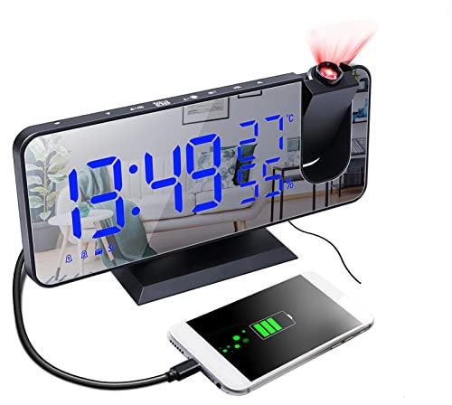 Kavolet Réveil à Projection numérique 4 en 1, Horloge de projecteur à 180 degrés, avec Surface de Miroir, Moniteur d'humidité température/Radio FM/Chargeur de téléphone/Affichage à LED/℃ / ℉