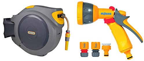Hozelock 2595 0000 Auto Reel with 40m Hose & Hozelock 2347 0000 Multi Spray Watering Gun Starter Set, 205.0 mm*230.0 mm*260.0 mm