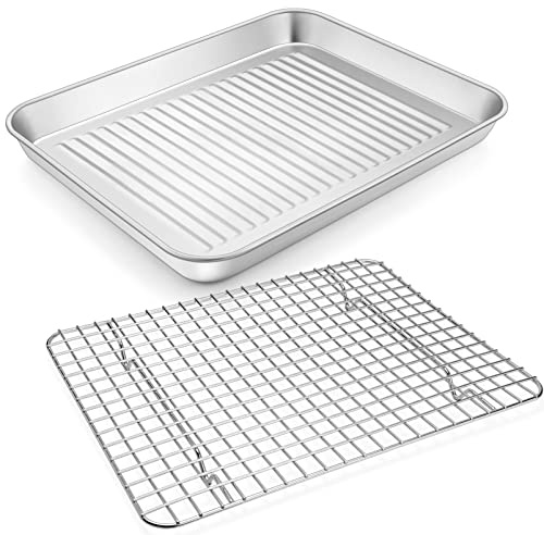 P&P CHEF Baking Oven Pan with Wire Rack, Stainless Steel Baking Oven Sheet Tray, Bacon Pan and Cooling Rack for Cooking Roasting Cookie, Dishwasher Safe & Easy Clean, 12.5 x 9.7 x 1 Inch