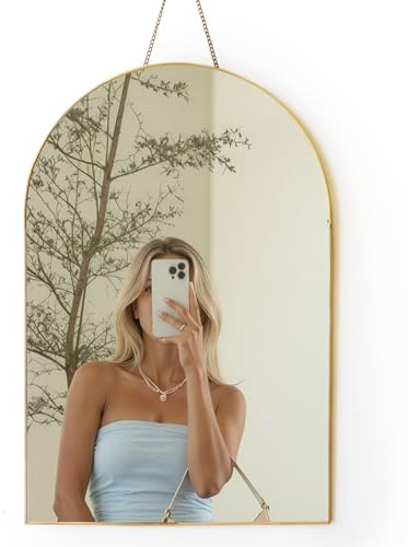 FONDAZZA Hanging Wall Mirror, Gold Brass Trim and Chain, 32 X 48 cm (12.6 x 19 inch), for Living Room, Bathroom, Bedroom, Entry Way, Hallway, Vanity and Offce, Arch Shape