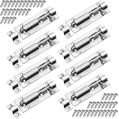 8 PCS Sliding Bolt Latch Lock, 3 Inch Door Security Slide Latch Lock Stainless Steel Lock Barrel Bolt for Bathroom Bedroom Shed Garden (Silver)