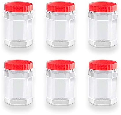 Cennet 400ml Plastic Storage Jar Hexagonal With Screw Top Lids Airtight Food Storage Containers BPA Free For Kitchen, Herb, Spices, Sweets Clear Canister pots (Pack of 6)