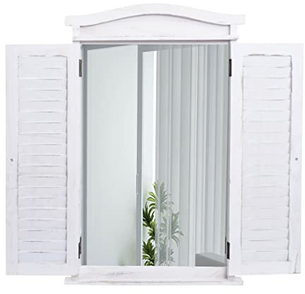 Décoshop26 Miroir Mural Salle de Bain Design fenêtre avec Volets 71x46x5cm Blanc Vieilli 04_0003703