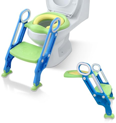 XINZI Toilettensitz Kinder mit Treppe und Griffe Toilettenaufsatz für Kinder ab 2 Jahre Toilettentrainer Klappbar Potty Training Toilet mit PU-Kissen Höhenverstellbar Kindertoilette (Blau+Grün)